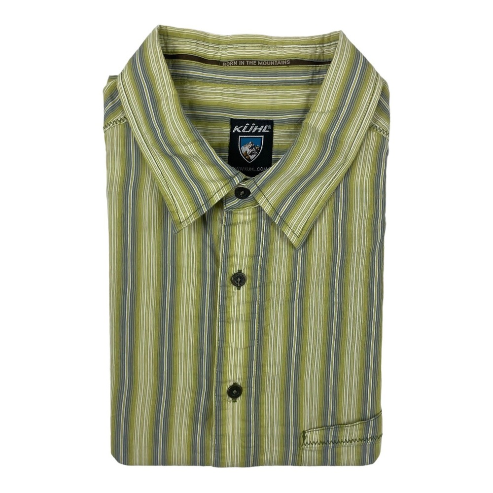 Kuhl Mens XL Green Blue Gray Striped Short Sleeve Metal Button Front Shirt